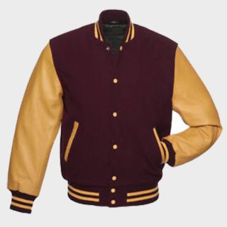 Blouson de baseball aviateur en laine bordeaux en laine avec manches en cuir jaune doré