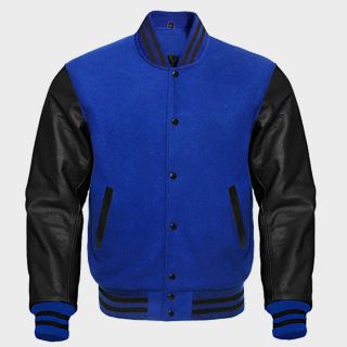 Veste Letterman en laine bleu universitaire et manches en cuir noires